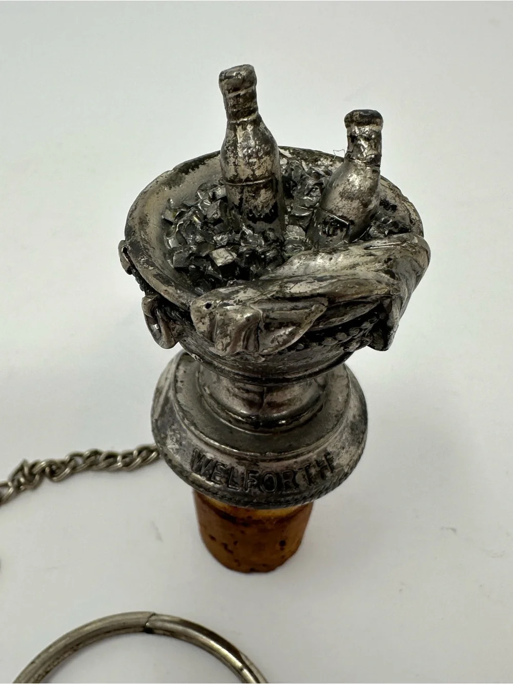 Vintage Welforth Pewter Cork Bottle Stopper Wine Bottles in Ice Bucket A1